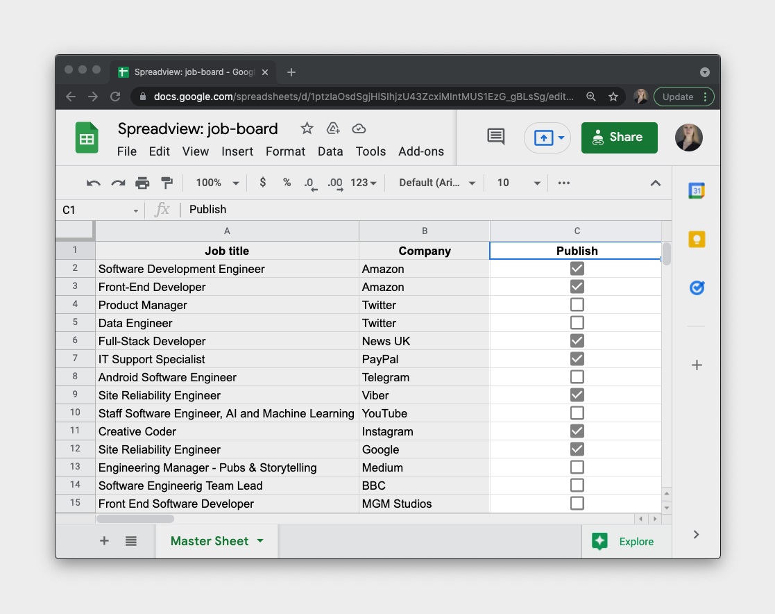 Google Sheet with checkboxes