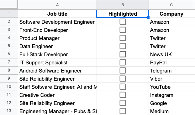 Create a new column in your Google Sheet and fill it with checkboxes.