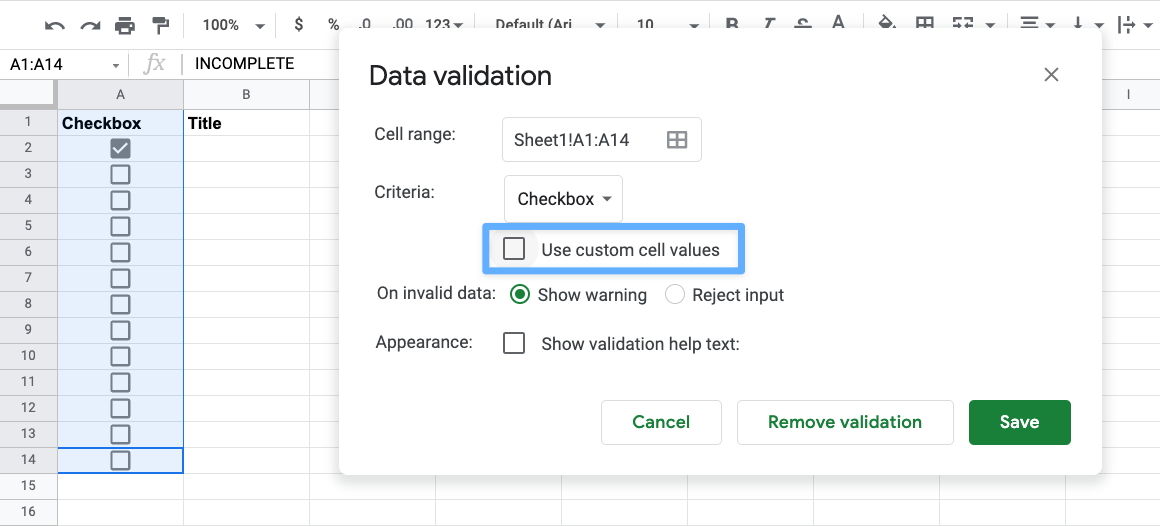 Use custom cell values on the Data validation window