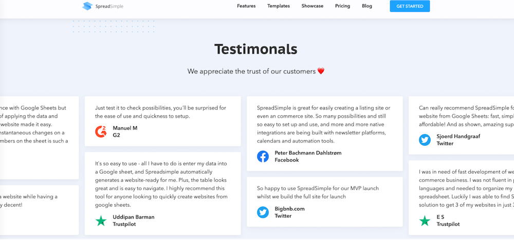 An example of displaying consumer testimonials reviews