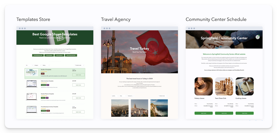 New templates: Video catalog, Community center schedule, Travel Agency, and Templates store.
