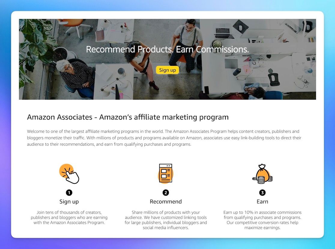 Amazon Associates Affiliate Program landing page