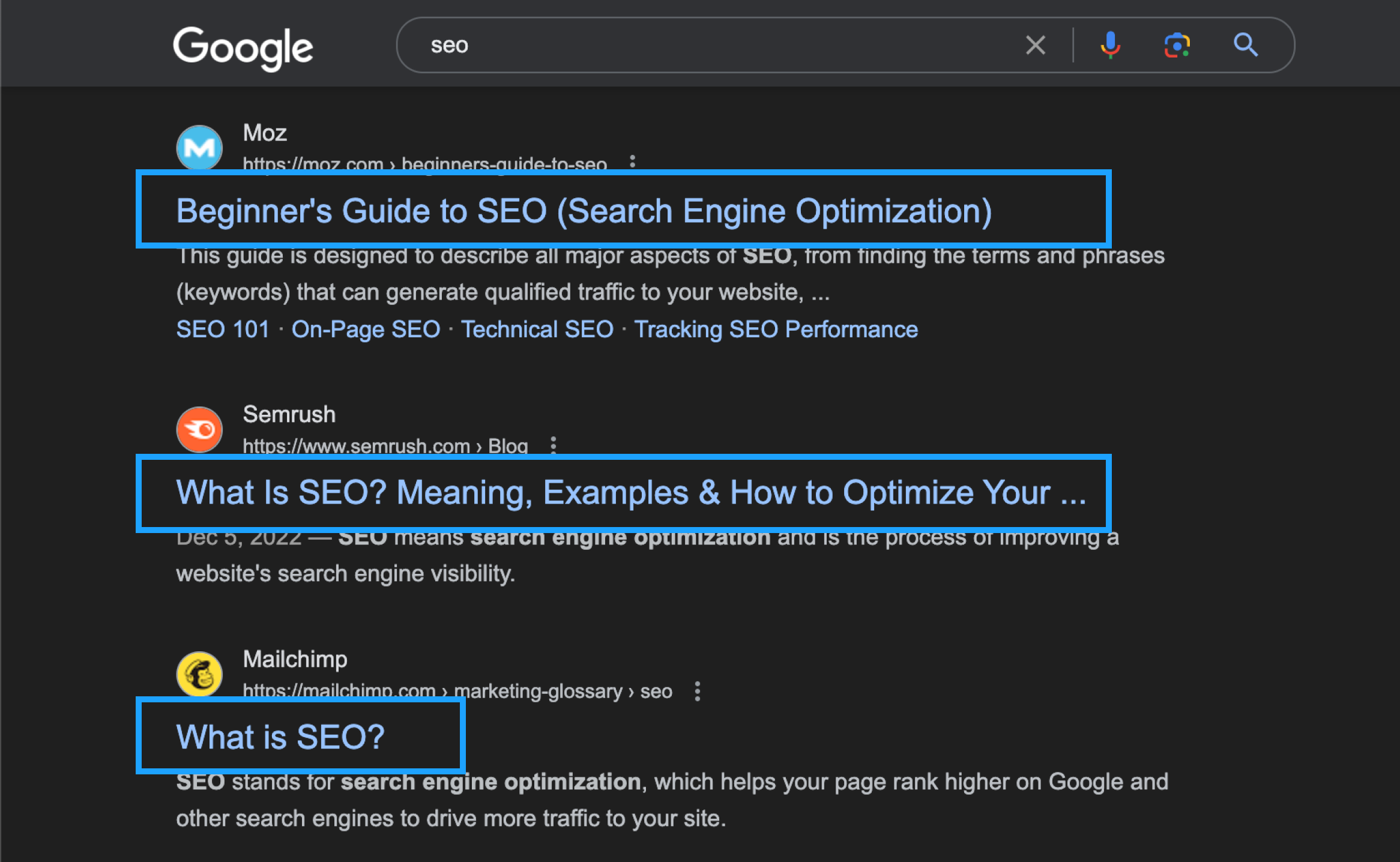 What does the title tag look like in google search results.