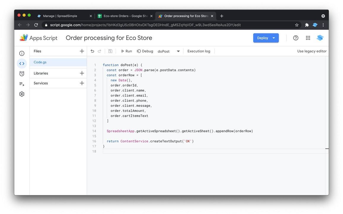 Adding SpreadSimple Orders into a Google Sheet