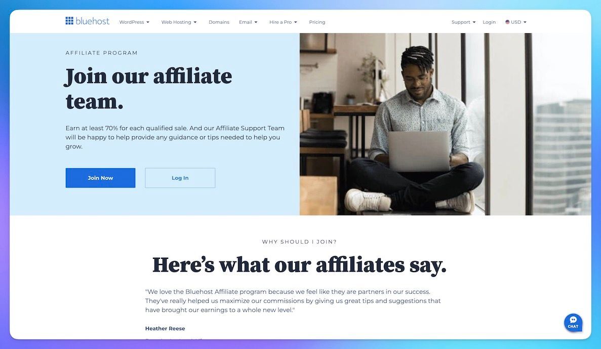 Bluehost Affiliate Program landing page